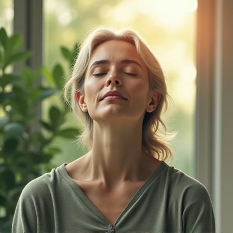 Donna serena che medita in un ambiente calmo e naturale, circondata da luce soffusa, simbolo di equilibrio interiore.