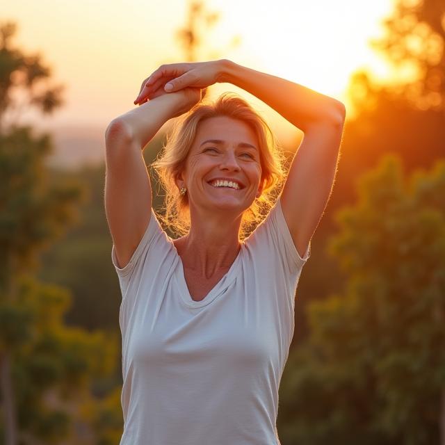 Donna sorridente e energica di 40 anni che fa yoga all'aperto al tramonto, simbolo di benessere e vitalità