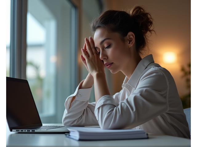 Professionista che pratica mindfulness al suo desk, con aura di calma e focus