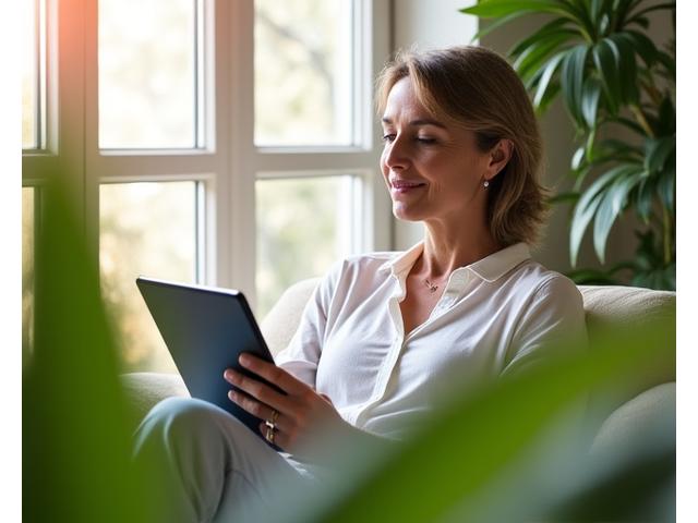 Donna sorridente che legge un tablet in un ambiente luminoso e naturale, con piante verdi sullo sfondo.