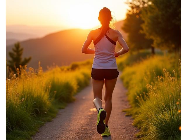 Persona che corre su un sentiero di montagna al tramonto, evocando dinamismo e benessere all'aria aperta.