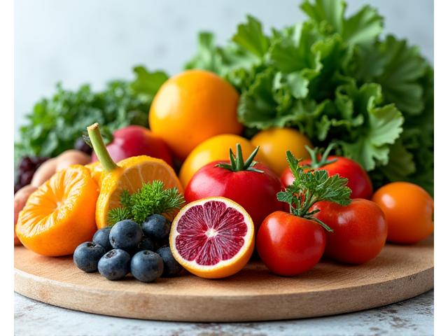 Varietà di frutta, verdura e cereali integrali disposti artisticamente su un tagliere in legno, simbolo di alimentazione sana.