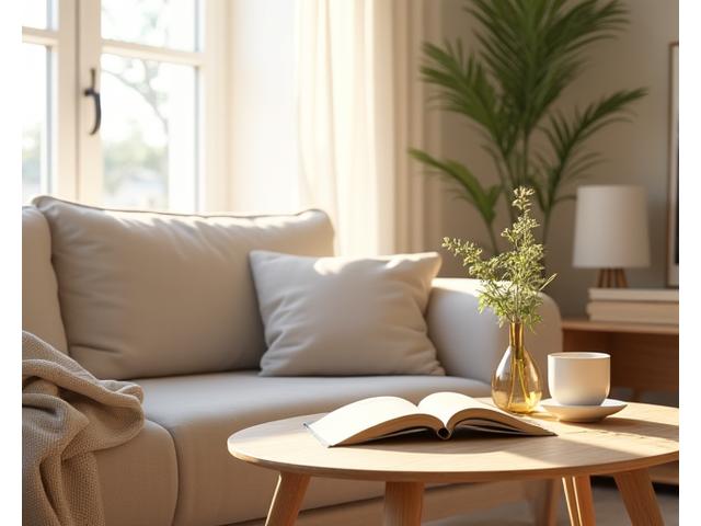 Casa organizzata e pulita con luce naturale inquadrata, evocando un senso di pace e benessere domestico.