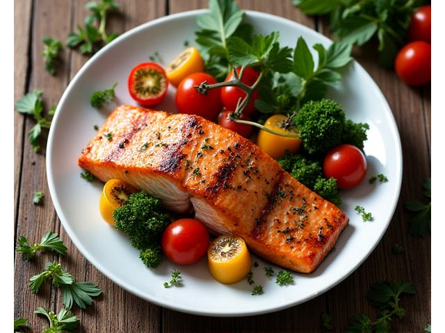 Piatto colorato di verdure fresche e salmone, esempio di una dieta sana.