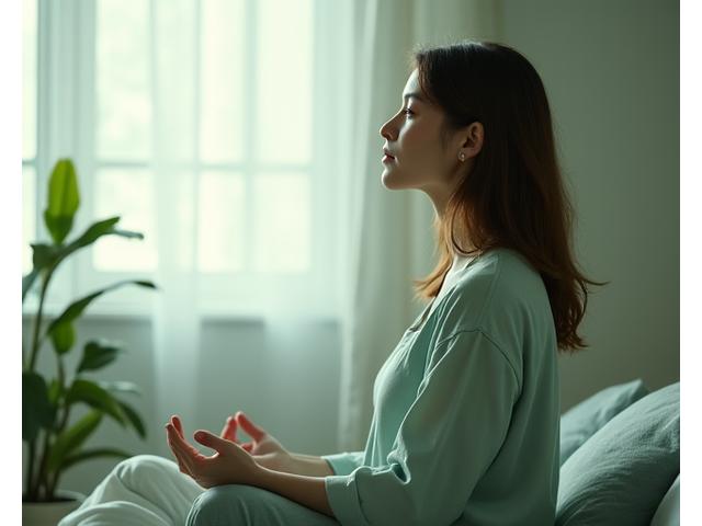 Persona in posizione di meditazione in un ambiente calmo e naturale, che suggerisce serenità e benessere mentale.