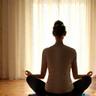 Persona in posizione di meditazione in un ambiente interno sereno con luce soffusa, mettendo in risalto la quiete.