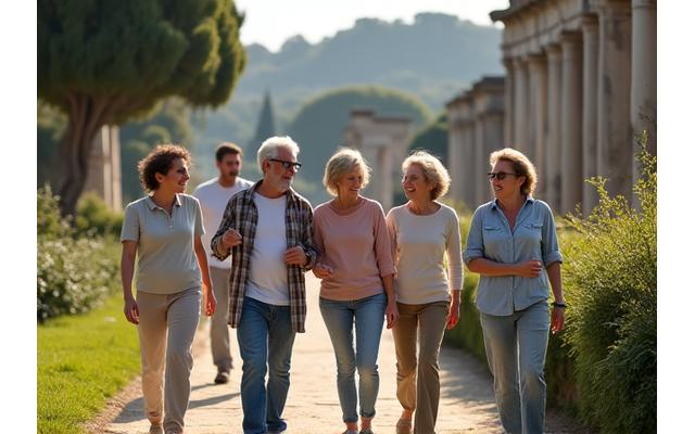 Gruppo di persone che passeggiano in un parco a Roma