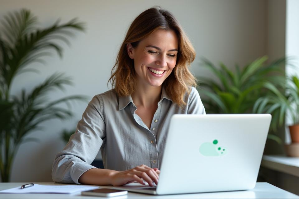 Donna sorridente che utilizza un laptop e un telefono, simbolizzando diverse opzioni di contatto, con un ambiente luminoso e naturale.