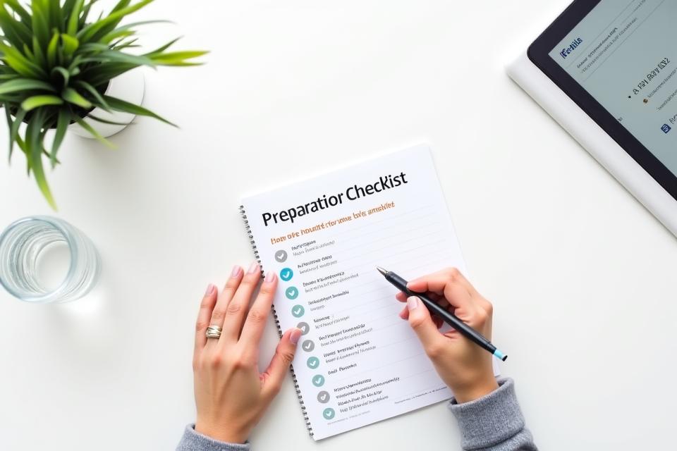 Persona che scrive appunti su un blocco, con una lista di controllo e oggetti da ufficio organizzati, che simboleggiano la preparazione per una consulenza.