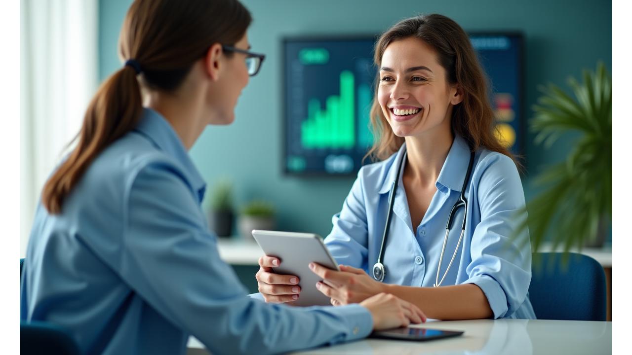 Una dottoressa gentile al computer che comunica con un paziente tramite videochiamata, con grafici di dati sanitari sullo sfondo, simboleggiando la supervisione professionale e il supporto a distanza.