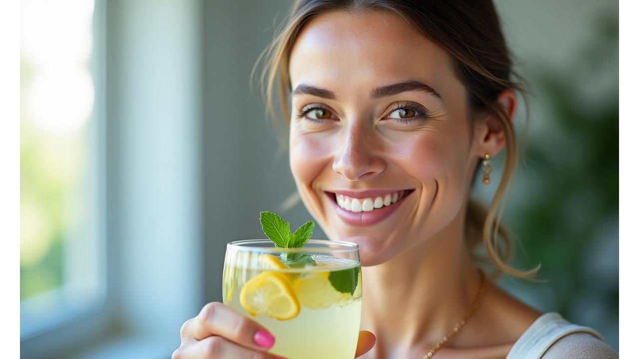 Donna sorridente che regge un bicchiere d'acqua con limone e menta, simbolo di benessere e detox supervisionato professionalmente.