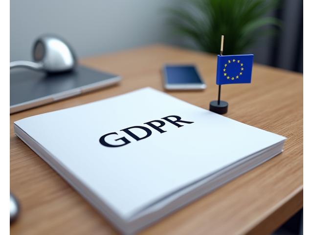 Simbolo GDPR stilizzato con bandiera dell'UE e icone di documenti legali, rappresentante la conformità normativa.