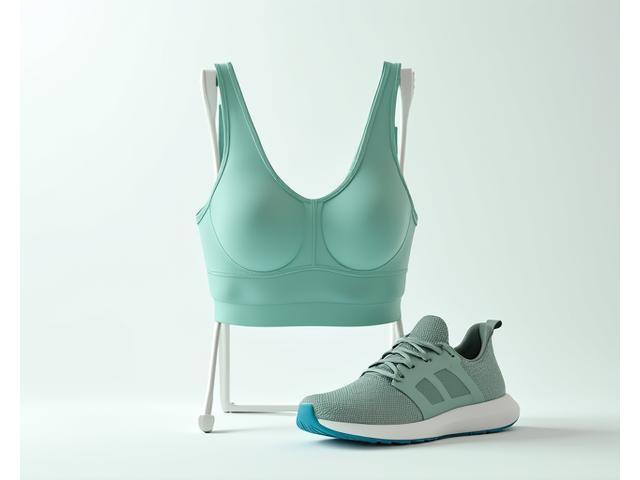 Dettaglio di un reggiseno sportivo ergonomico e un paio di scarpe da atletica con supporto, in un layout pulito che enfatizza il comfort e il design funzionale.