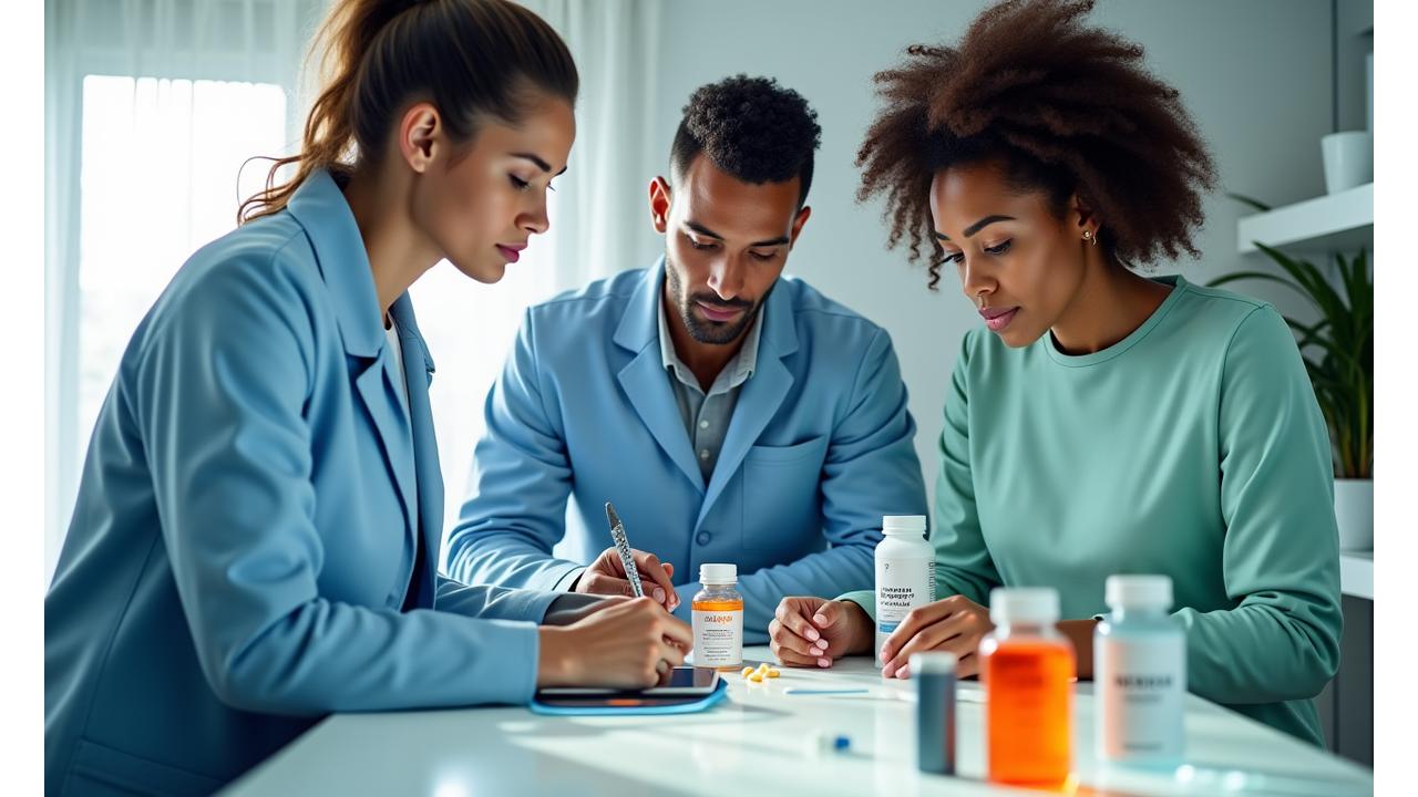 Un team di esperti, tra cui un nutrizionista e un personal trainer, esamina campioni di prodotti su un tavolo luminoso, con una persona che annota appunti su un tablet, sullo sfondo un laboratorio pulito. L'immagine trasmette fiducia e professionalità nel processo di selezione dei prodotti benessere.