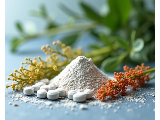 Una pila di compresse di magnesio di diverse forme, con foglie di Ashwagandha e Rhodiola rosea sullo sfondo, che rappresentano sia i minerali che gli adattogeni.