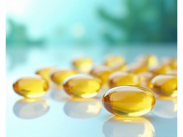Una capsula di Omega-3 scintillante in primo piano, con uno sfondo sfocato di acqua cristallina e pesce, simbolo di purezza e sourcing sostenibile.