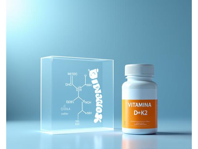 Una confezione di integratori Vitamina D3+K2 accanto a un grafico scientifico che mostra i benefici, enfatizzando i dosaggi ottimali e il timing di assunzione.
