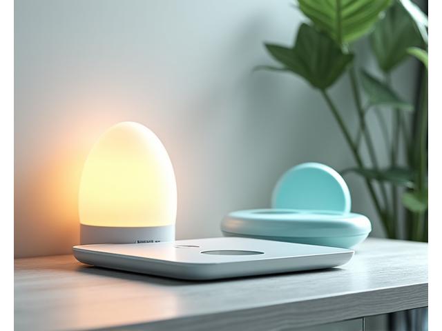 Una lampada per terapia della luce che emette una luce calda e una bilancia intelligente che visualizza la composizione corporea, con un dispositivo di meditazione biofeedback nelle vicinanze, su una superficie liscia e moderna.