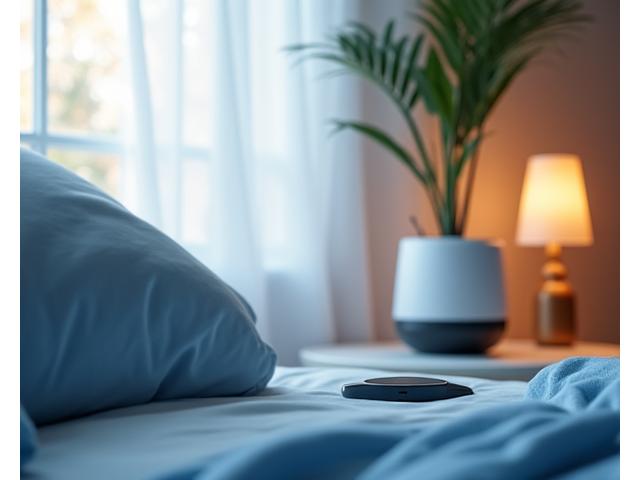Un purificatore d'aria moderno e minimalista accanto a un tracker del sonno indossabile su un elegante comodino, con luce diffusa che suggerisce un ambiente sereno.