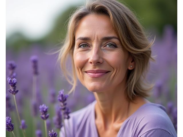 Donna di mezza età sorridente in un campo di lavanda