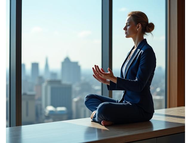 Uomo d'affari sereno che pratica meditazione in ufficio