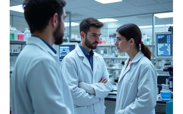 Scienziati che lavorano serenamente in un laboratorio moderno con strumenti di ricerca