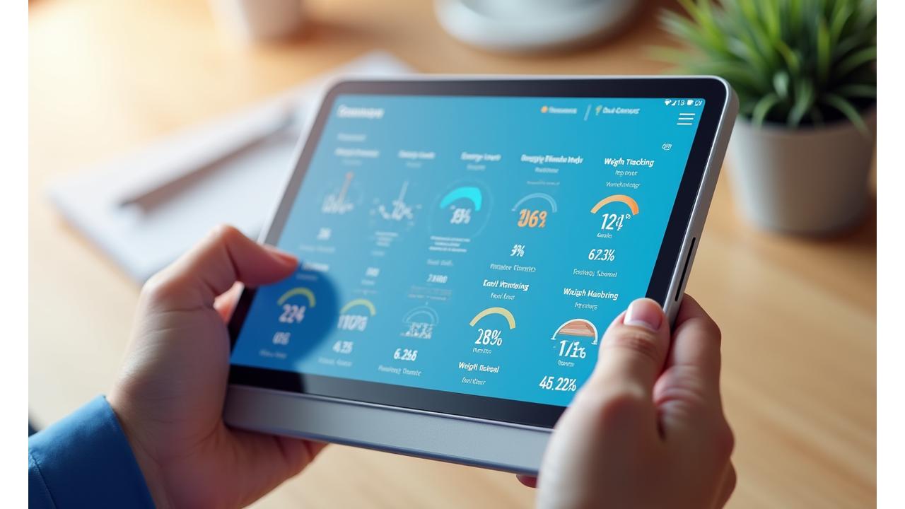Mockup di una dashboard digitale con grafici che mostrano progressi di energia, peso e stress