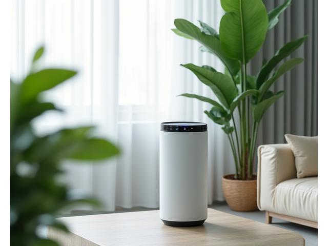 Purificatore d'aria smart in un ambiente domestico pulito e luminoso, con piante verdi sullo sfondo, a simboleggiare aria fresca e benessere.