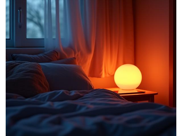 Camera da letto con lampade smart che emettono una luce arancione calda per favorire il sonno, con un tablet che mostra una programmazione dell'illuminazione circadiana.