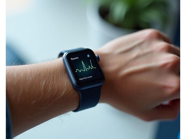 Polso con uno smartwatch elegante che mostra un grafico del battito cardiaco, in un contesto pulito e focalizzato sulla salute e il benessere.