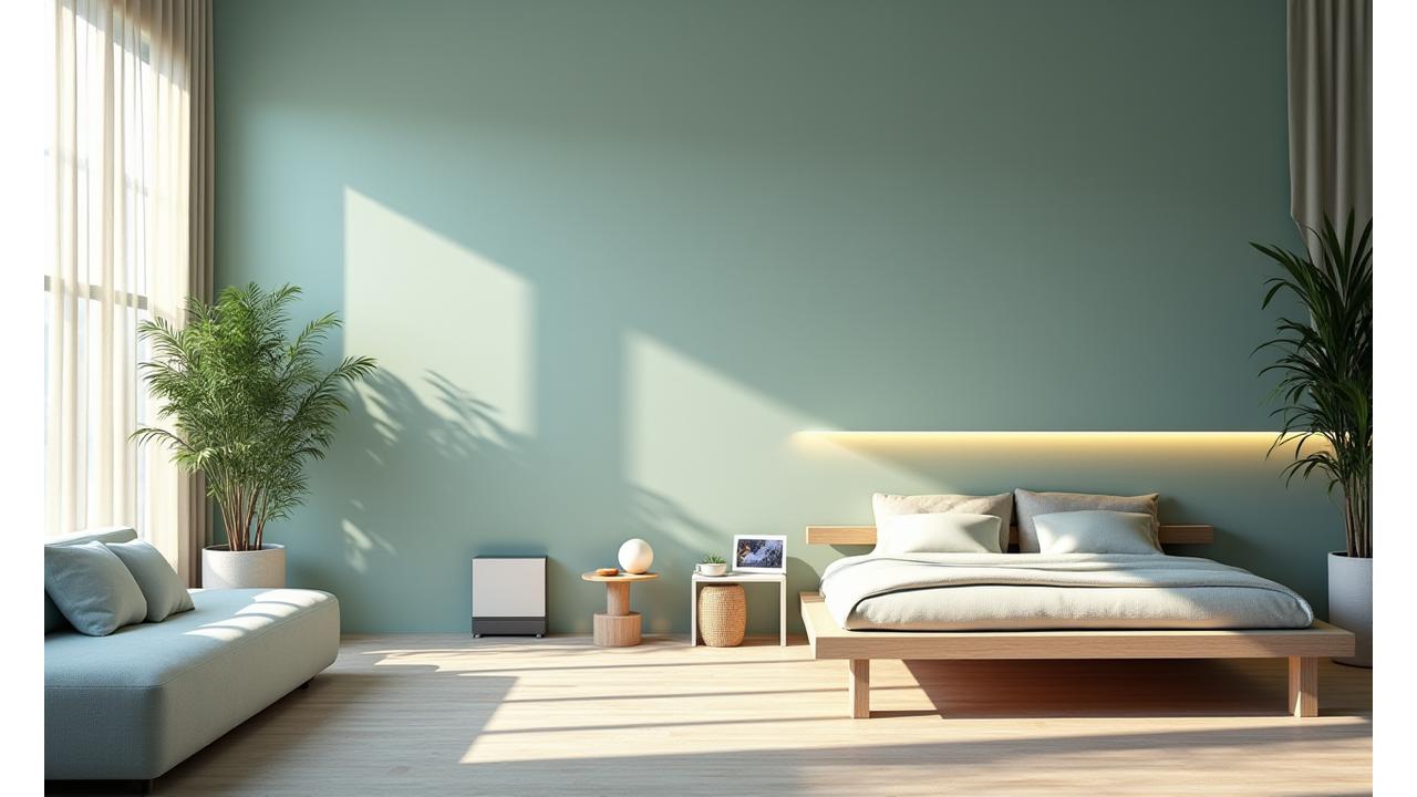 Interno moderno di una casa smart con luci circadiana, purificatori d'aria discreti e schermi integrati che mostrano parametri di benessese, trasmettendo un senso di calma e innovazione.