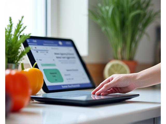 Una cucina moderna e minimalista con uno chef che prepara un pasto su una bilancia smart, con tablet che mostra informazioni nutrizionali dettagliate.