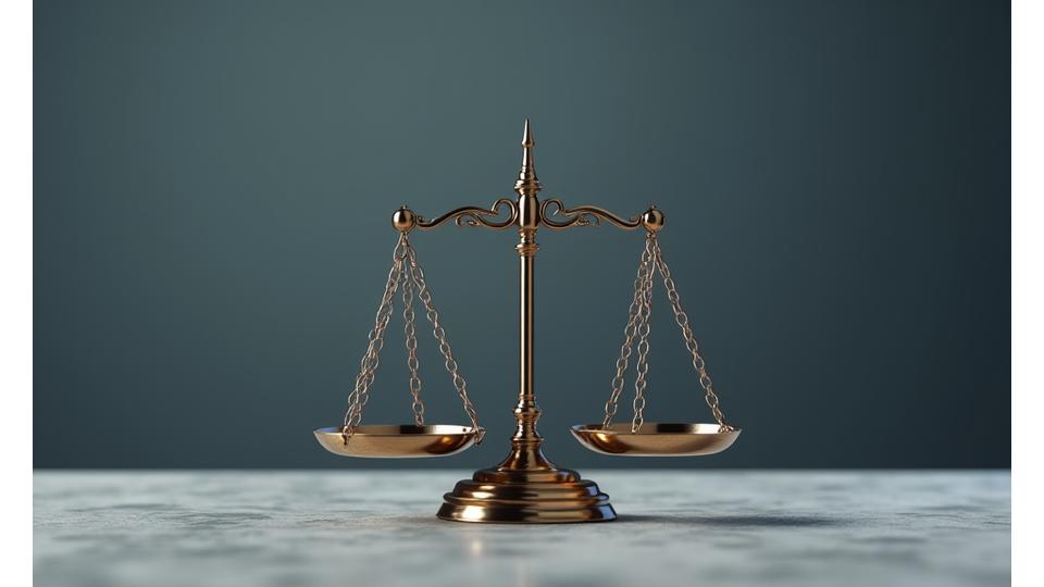 Simbolo della legge o icona della bilancia della giustizia su uno sfondo neutro e professionale, che rappresenta conformità normativa e fiducia.