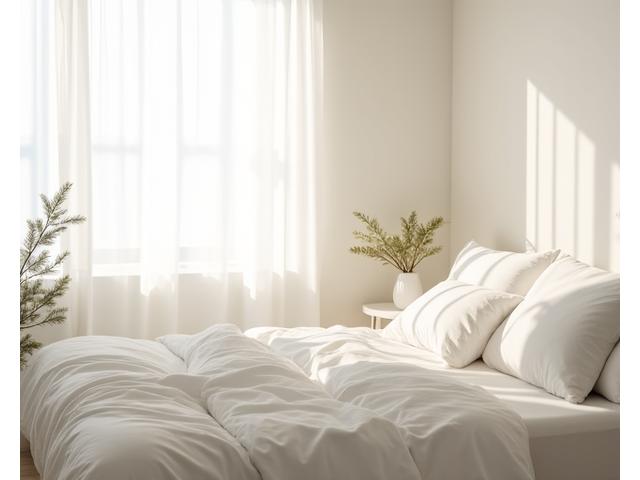 Camera da letto serena con illuminazione soffusa e piante, ottimizzata per il sonno.