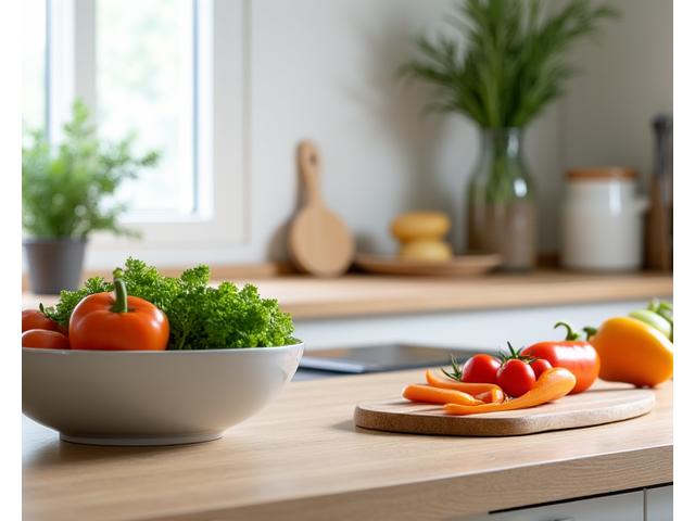 Cucina moderna e organizzata con frutta fresca e utensili per la preparazione di pasti sani.