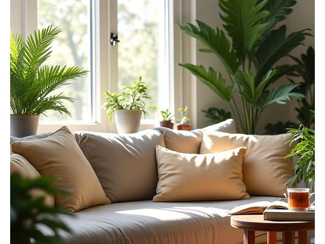 Soggiorno luminoso e accogliente con piante d'appartamento e comodi divani, ideale per relax.