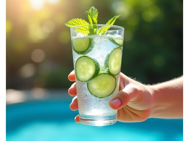 Donna che beve acqua fresca all'aperto sotto il sole estivo, simbolo di idratazione.