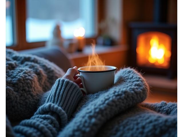 Persona avvolta in una coperta calda davanti a un camino, simbolo di comfort invernale.