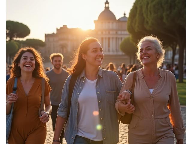 Gruppo di amici di età diverse che ridono e fanno una passeggiata in un parco urbano a Roma, simbolo di connessioni sociali positive.